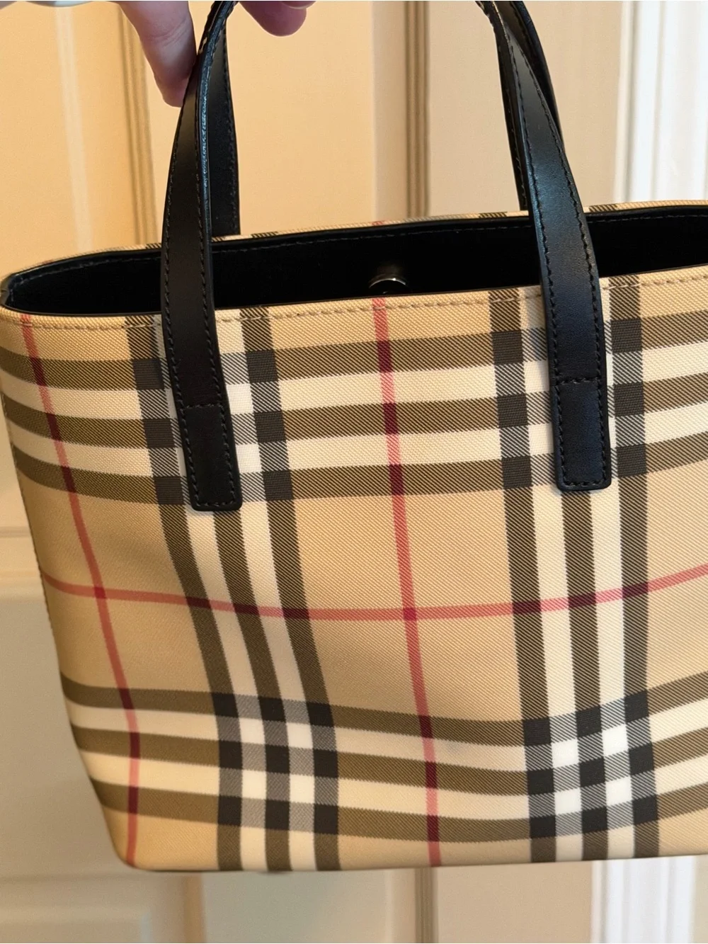 Burberry Beige Mini Tote with Black Handles and Red Accents